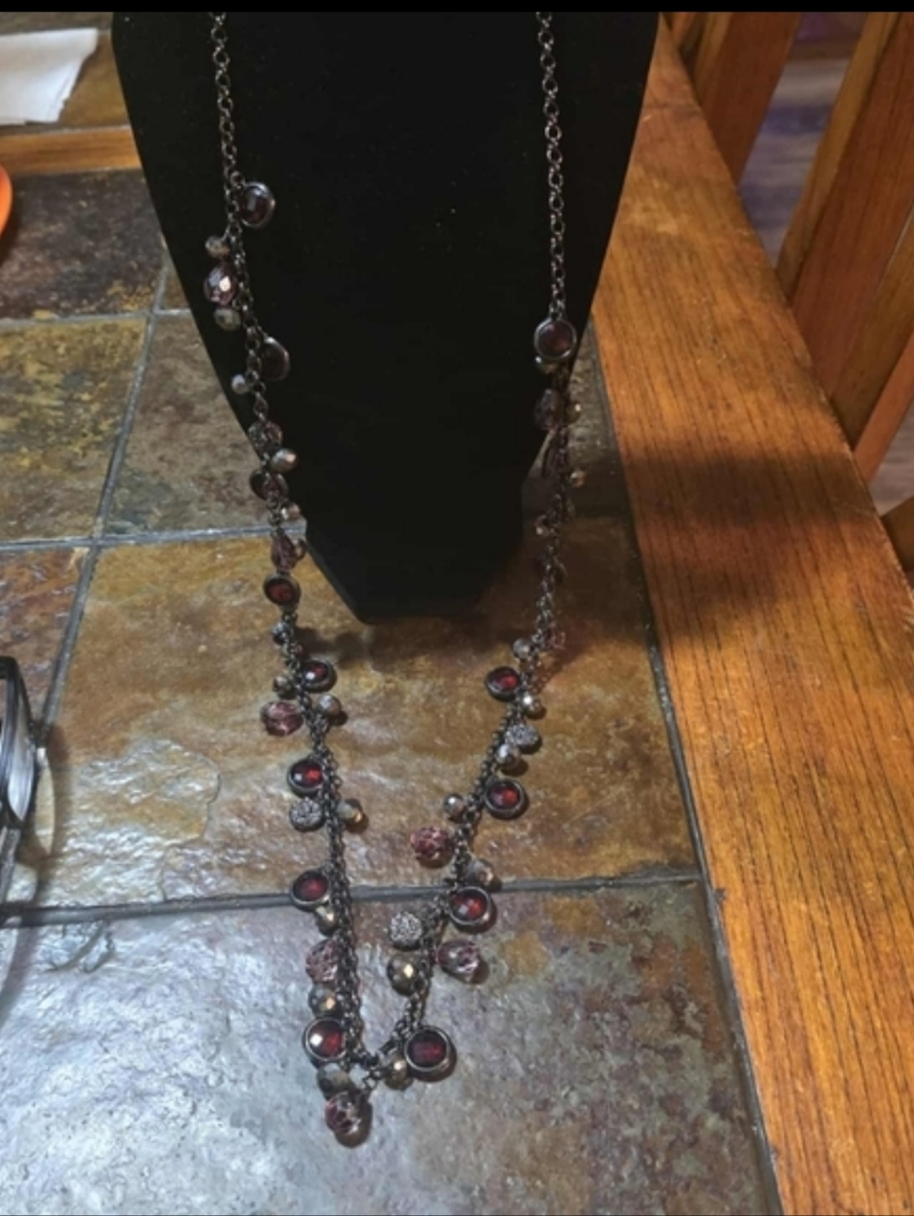 White House Black Market Red and Silver Necklace 36" Silvertone With Gray Accent